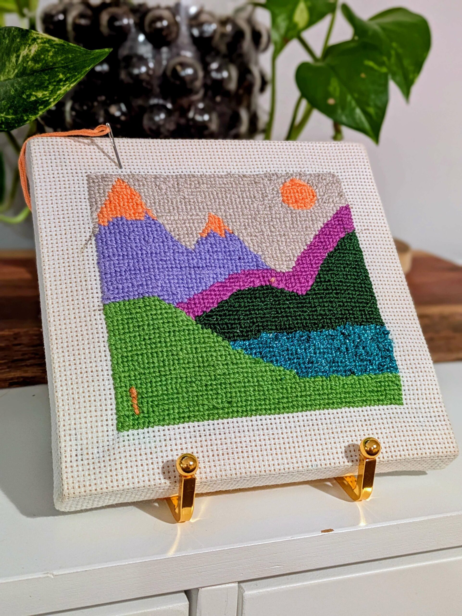 Custom Petite Needlepoint & Gold Stand